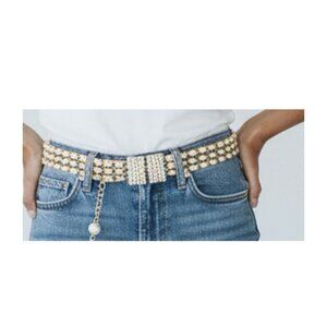 Pearl Gold Chain Belt Crystal Buckle Statement adjustable Multi layer strands